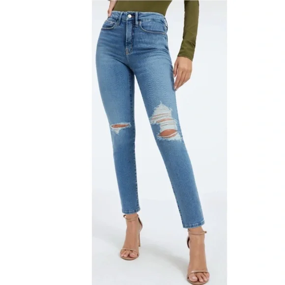 Good American Good Legs Ripped High Waist Cigarette Jeans in Indigo227 at Nordstrom, Size 16